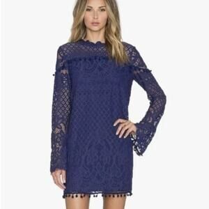 Tularosa Matilda Dress Lace Bell Sleeve Pom Pom Trim Navy Blue Dress Size XS New